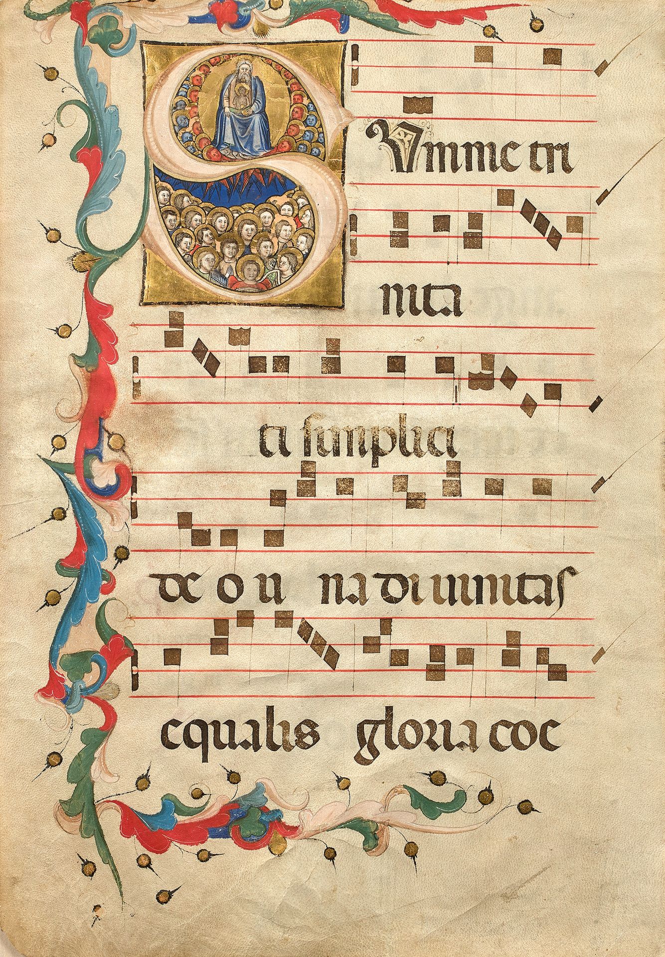 MAÎTRE de la GENÈSE (actif en Italie vers 1390) 
首字母S与圣三一的崇拜，antiphonary页
羊皮纸上的淡&hellip;