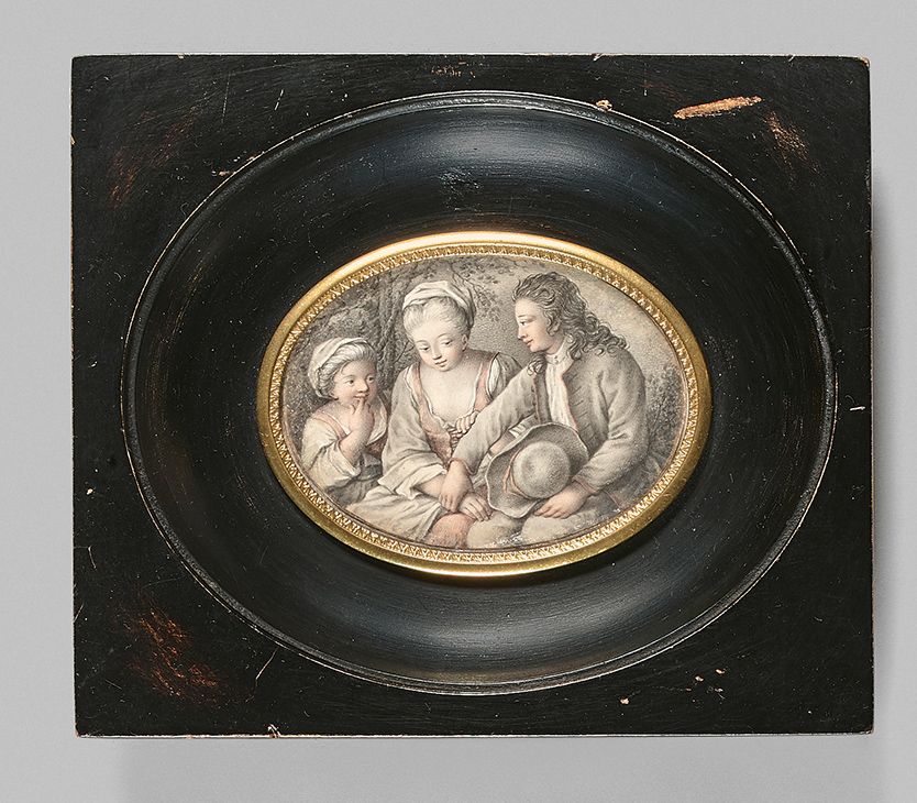 Carl Gustav KLINGSTEDT (Suédois, 1657-1734), école de 
一对英勇的夫妇和一个孩子。
椭圆形的微型画，可能是&hellip;