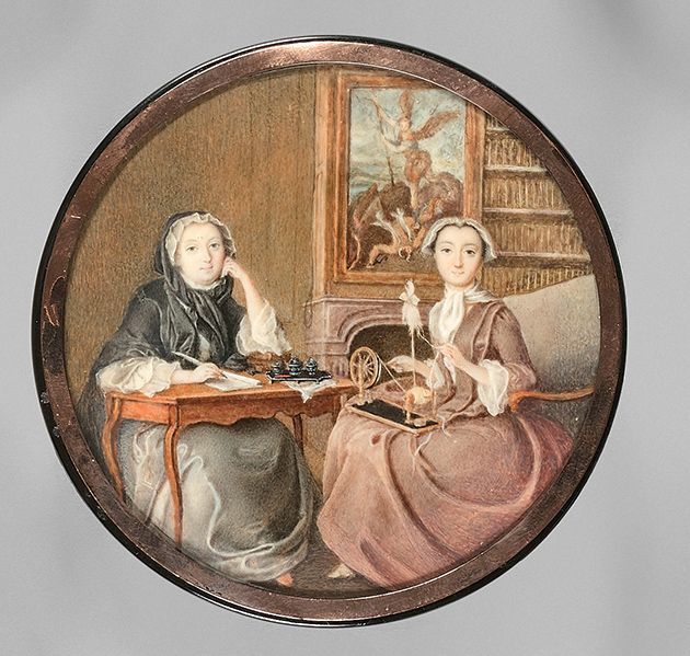 École FRANÇAISE vers 1740 
诺伊尔公爵的女儿们的画像。

在象牙上绘制的圆形微型画，没有签名，表现两个年轻女子在室内写作和缝纫，镶嵌在&hellip;