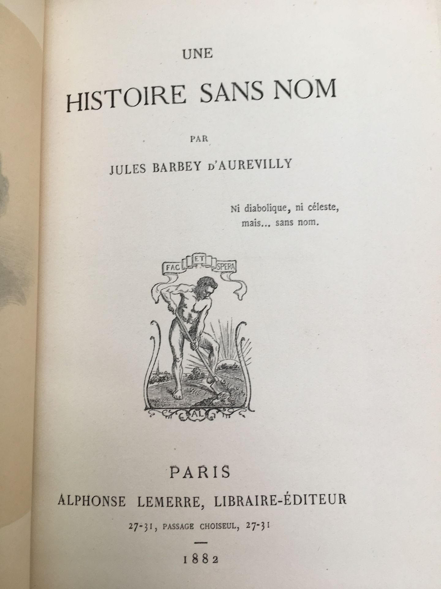 BARBEY D'AUREVILLY (Jules). 无名史》。巴黎，Alphonse Lemerre，
Libraire-Éditeur，1882。12开本&hellip;