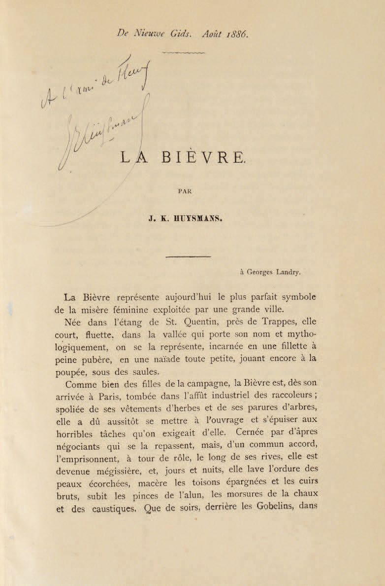 HUYSMANS (Joris-Karl). "Bièvre"。S. L.[阿姆斯特丹]，De Niewe Gids，1886年8月。
In-8°，红色半马洛尼&hellip;