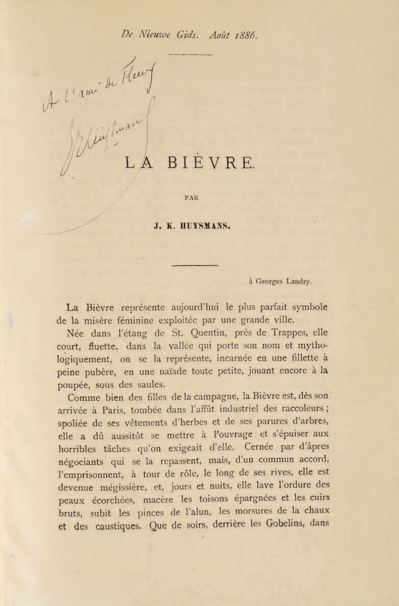 HUYSMANS (Joris-Karl). "The Bièvre." S. L. [Amsterdam], De Niewe Gids, August 18&hellip;