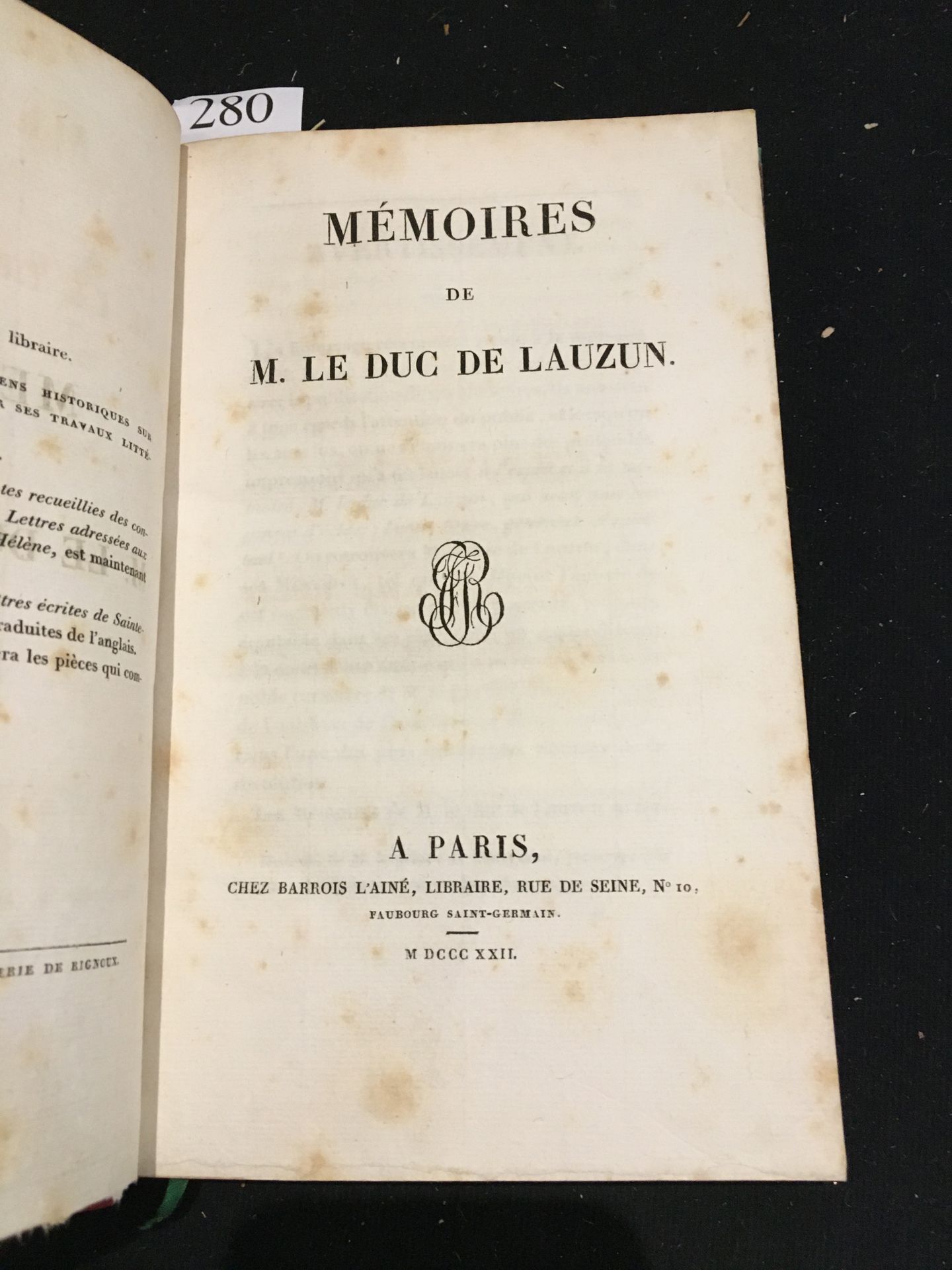 LAUZUN (Armand Louis de GONTAUT DE BIRON, duc de). Mémoires. In Paris,
Barrois l&hellip;