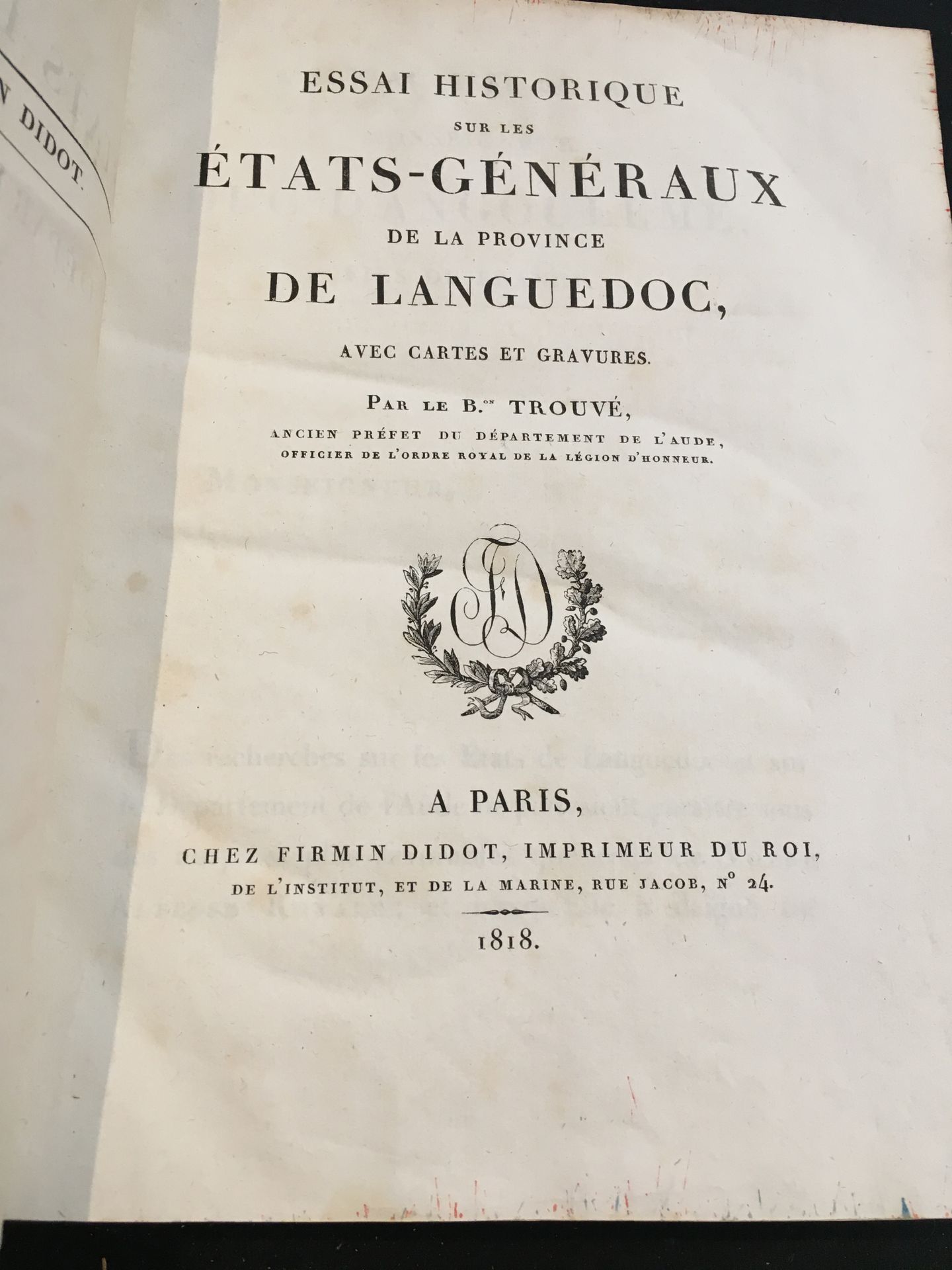 Null LANGUEDOC (States of)]. TROUVÉ (Baron). - Historical essay on the Estates-G&hellip;