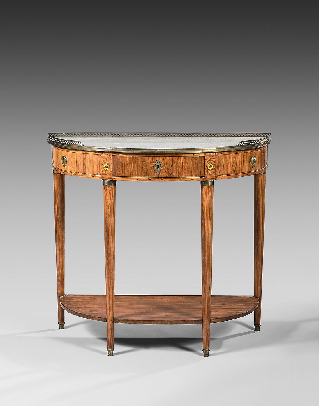 Null A half-moon console with rosewood inlay, the heads of the legs with flowers&hellip;