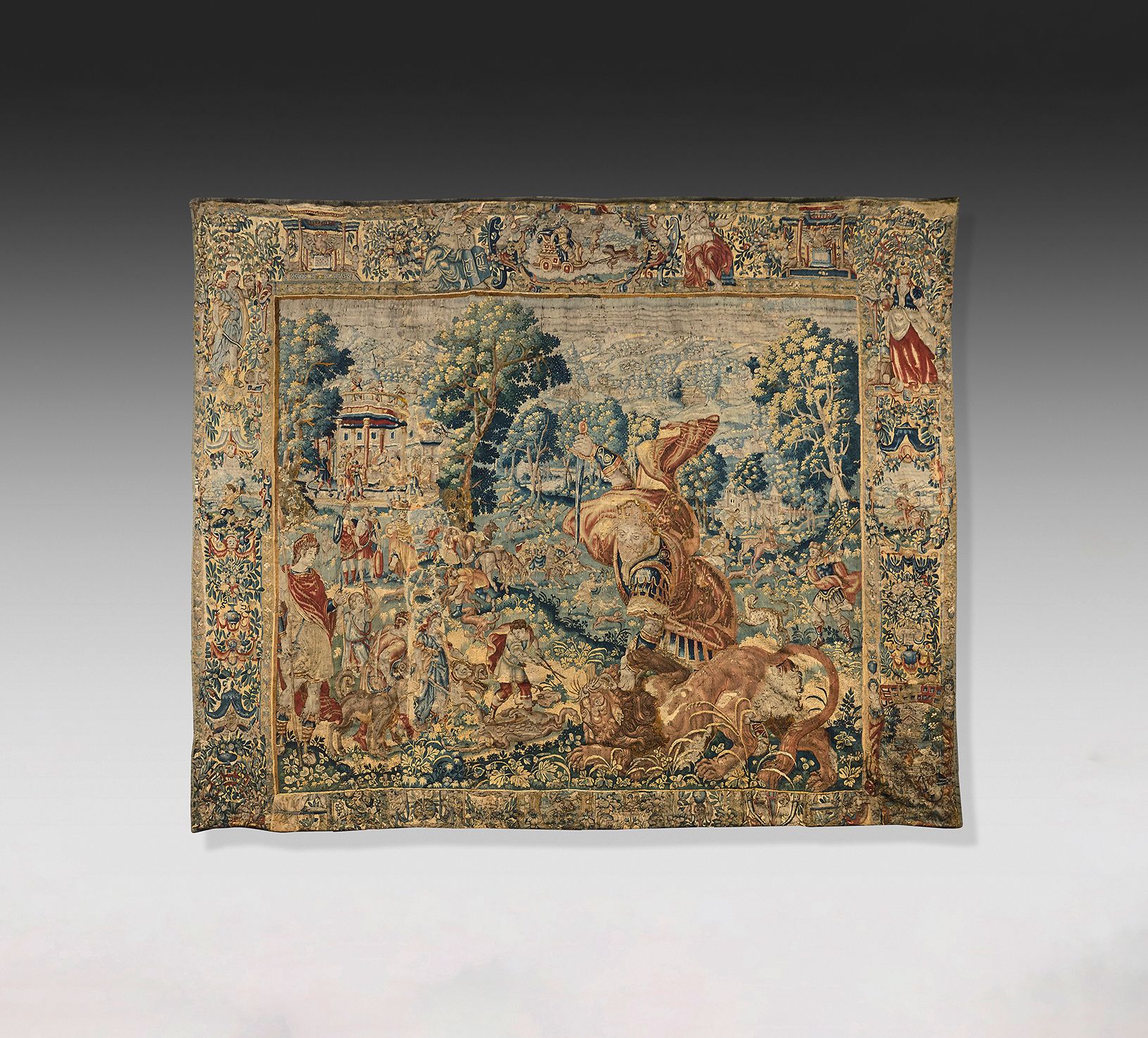 Null 挂毯描绘的是猎狮的场景，但可能是海格力斯挂毯中海格力斯与尼米亚狮搏斗的场景，美丽的卡图边框。
布鲁塞尔，16世纪末/17世纪初，归属于Frans Ge&hellip;
