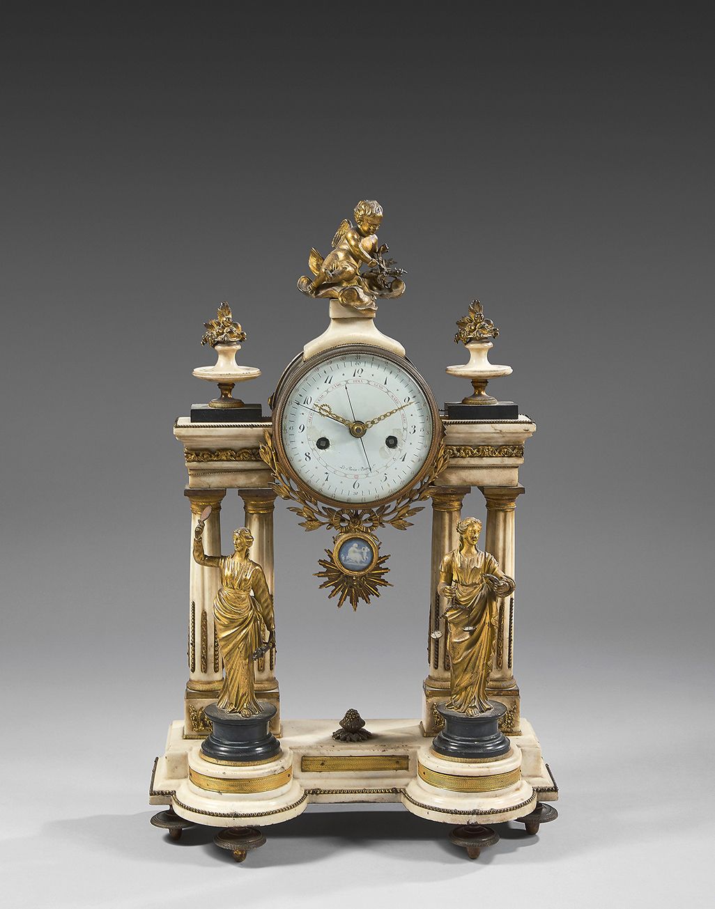 Null A "portico" clock in chased and gilt bronze, white and black marble; the ma&hellip;