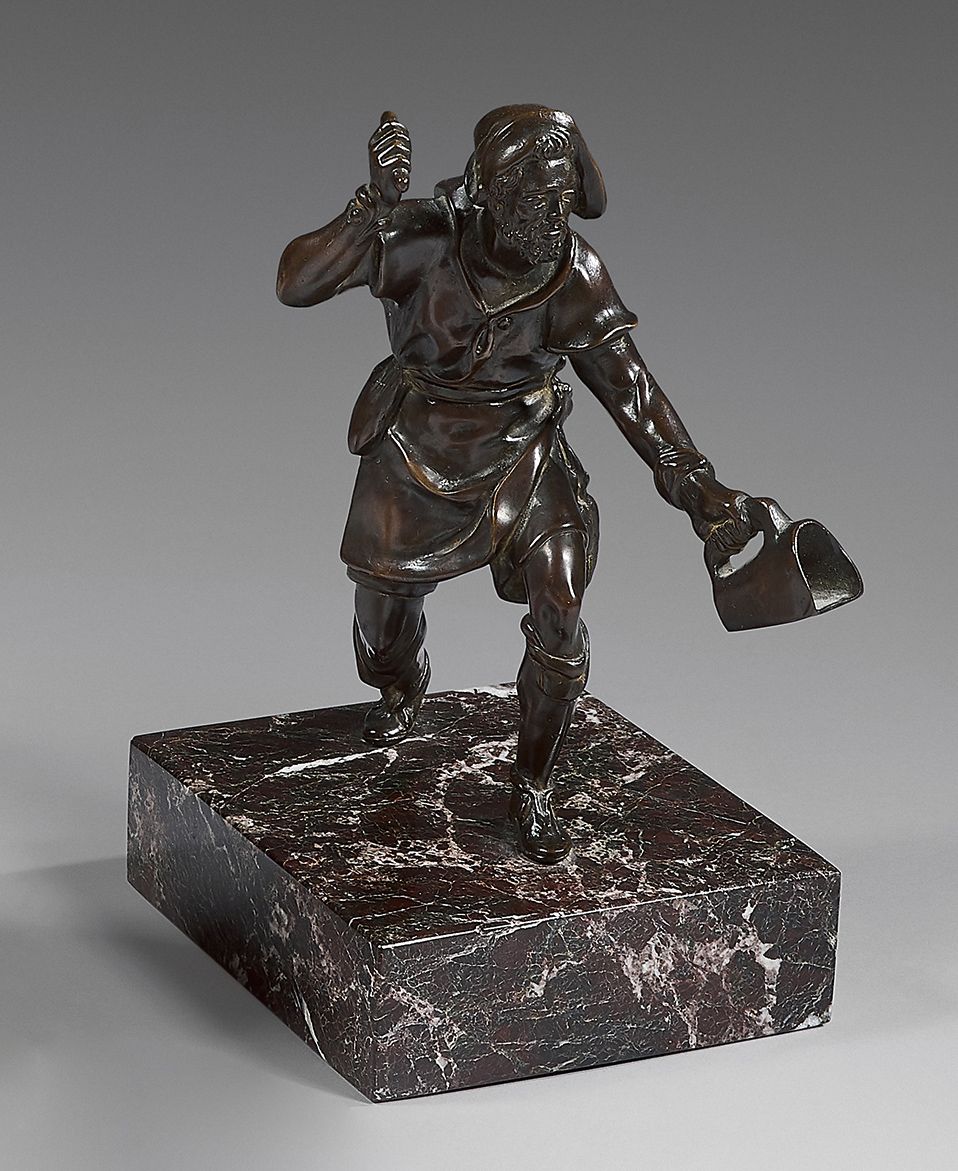 Null Bronze «Le chasseur d'oiseaux» à patine brune sur socle en marbre. Un paysa&hellip;