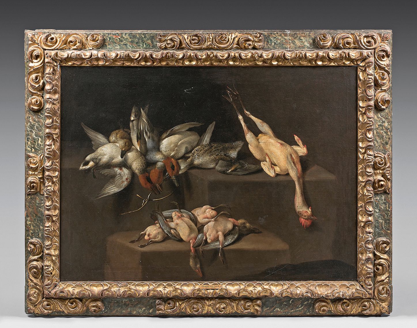 Evaristo BASCHENIS (Bergame 1617-1677) 夹板上的家禽
帆布。
90,5 x 125,5 cm
出处：
1998年9月15日&hellip;