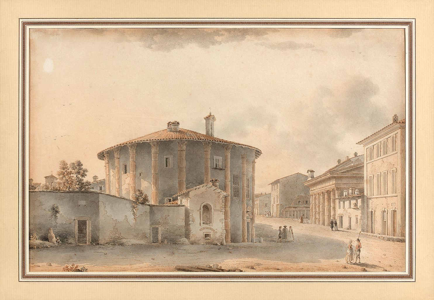 VICTOR JEAN NICOLLE (PARIS 1754-1826) 罗马圣灵医院的景色
罗马的维斯塔神庙
钢笔和灰棕色墨水，灰棕色水洗，水彩画。
一幅左&hellip;
