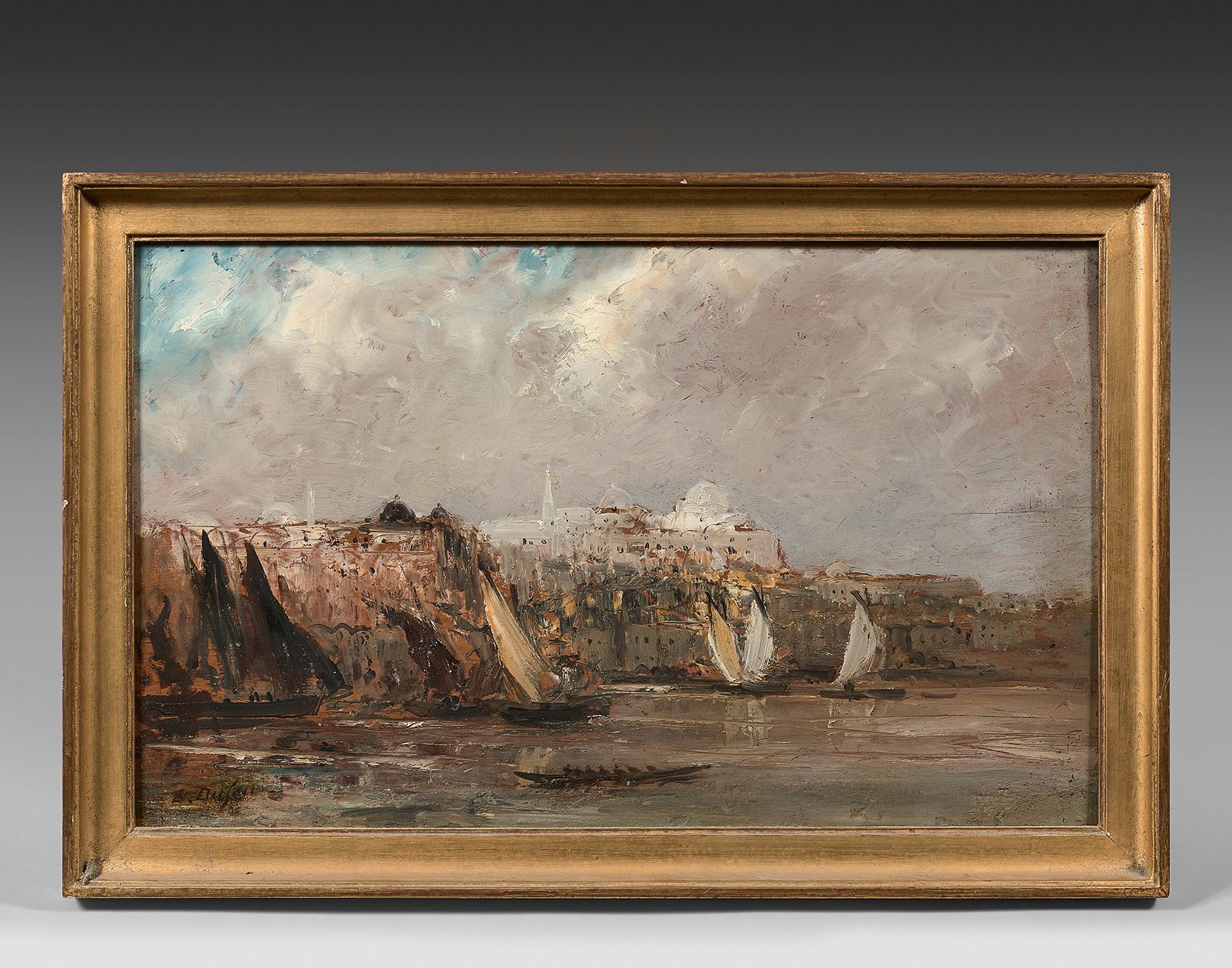 Édouard-Jacques DUFEU (Marseille 1836-Grasse 1900) 海岸附近的船只
面板，一块板，没有镶边。
左下角有签名E.&hellip;