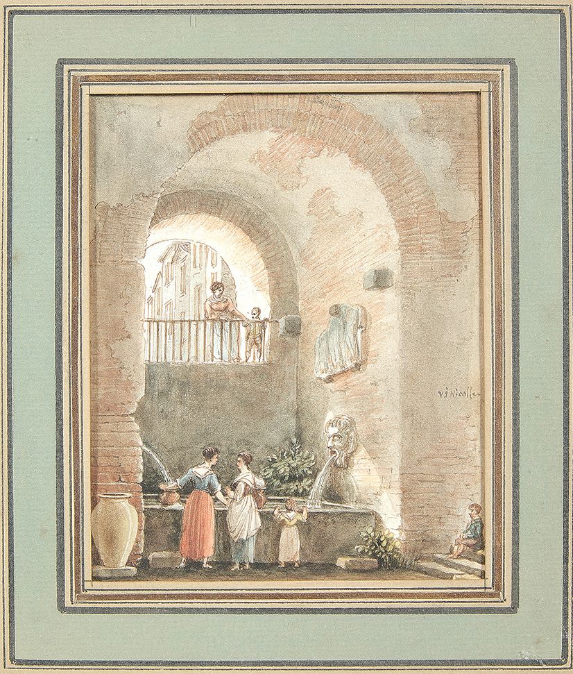 VICTOR JEAN NICOLLE (PARIS 1754-1826) 两位意大利妇女用钢笔汲水
钢笔和棕色墨水，水彩。
右侧中间有签名v j nicoll&hellip;