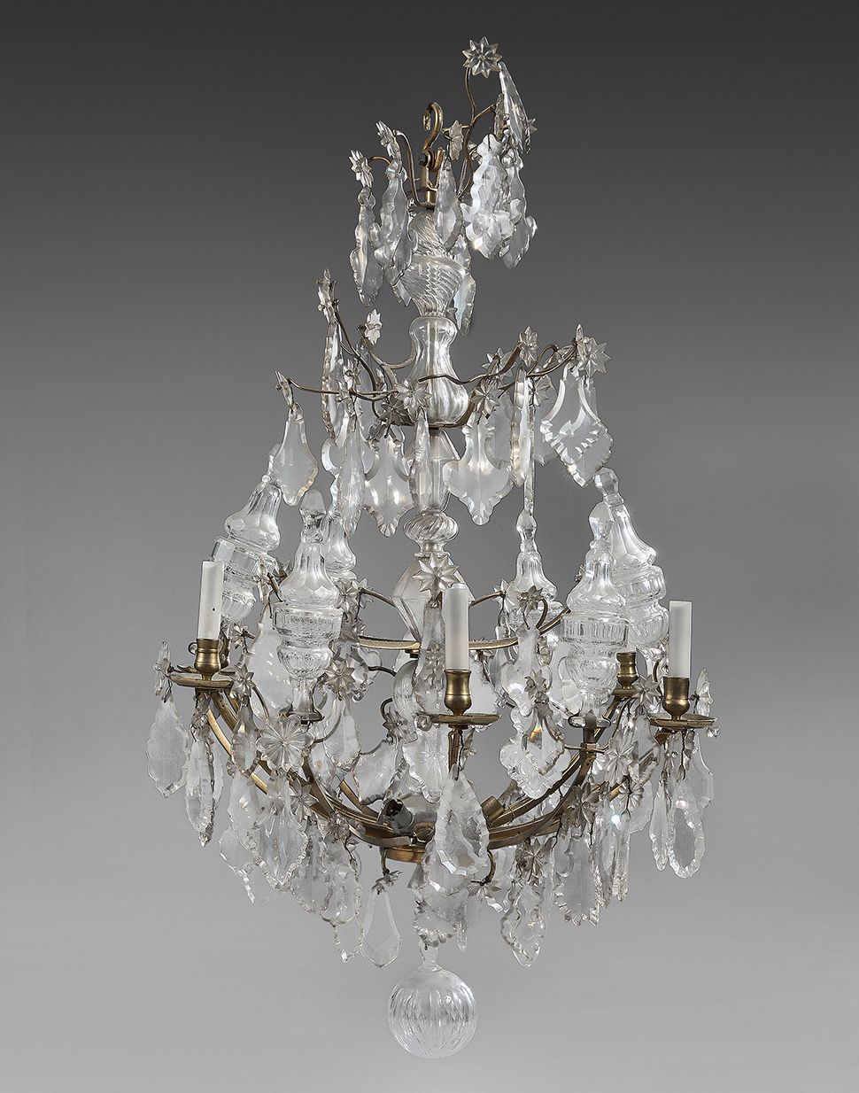 Null A six-light ormolu and cast crystal "cage" chandelier decorated with facett&hellip;