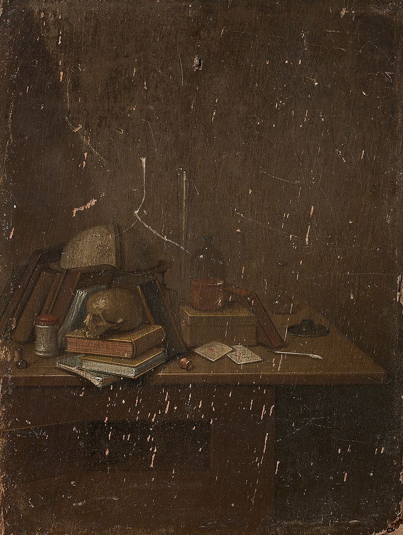 Gerrit van VUCHT (Schiedam 1610-1697) 带世界地图的梳妆台
橡木板，一块板，没有镶边。
缺少。无框架。
23 x 19 cm