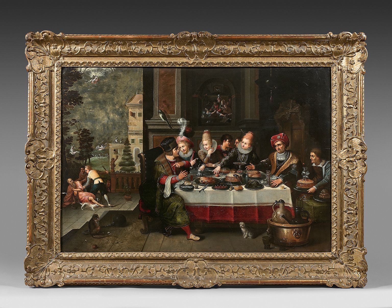 Attribué à Hieronymus FRANCKEN II (1578-1623) 拉撒路和坏富翁
橡木板与镶木板。
72 x 106 cm