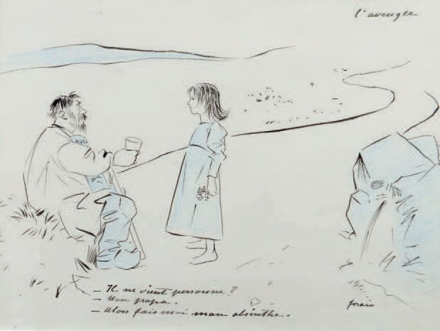 Jean-Louis FORAIN (1852-1931) 没有人来......？
蓝铅笔水墨画，右下方有签名，上下有说明。
24.5 x 33 cm