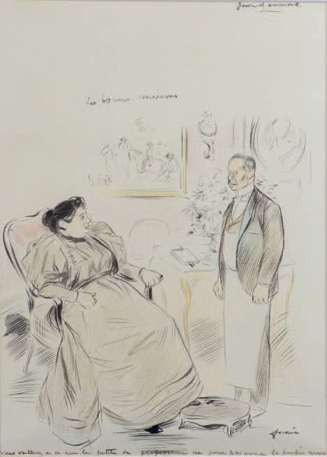 Jean-Louis FORAIN (1852-1931) 你要确保教师的女儿......。
彩色铅笔水墨画，右下方有签名，上下有说明。
36,5 x 26 c&hellip;