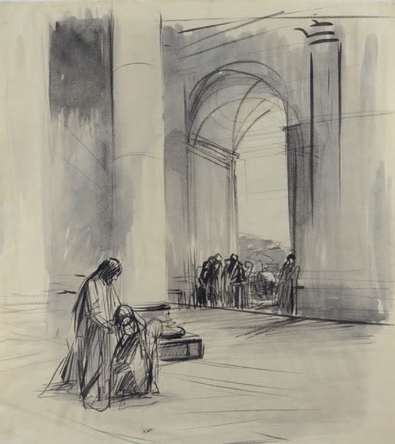 Jean-Louis FORAIN (1852-1931) 在寺庙
水墨画。
45.5 x 40 cm