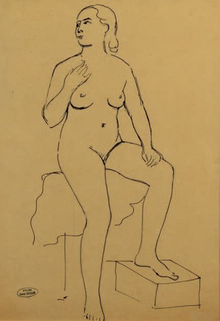 André DERAIN (1880-1954) 坐在工作室里的裸体
裱在纸上的水墨画，左下方有工作室的印章。
36 x 24,5 cm
 （底部有小的撕裂）。&hellip;