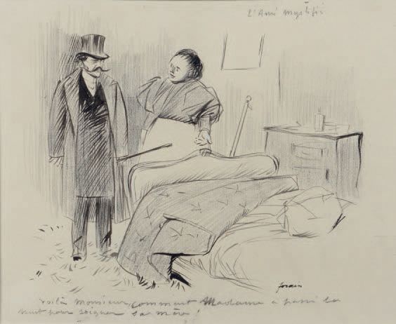 Jean-Louis FORAIN (1852-1931) 先生，这就是夫人如何度过她的夜晚......。
黑色铅笔和墨水画，右下方有签名，上下有标题。
25,&hellip;