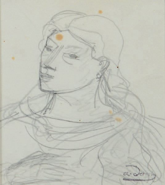 André DERAIN (1880-1954) 头发被解开的女人的脸
黑色铅笔画和树桩，右下方签名。
11.5 x 9.5 cm