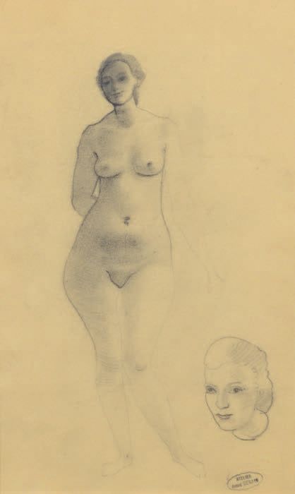 André DERAIN (1880-1954) 站立的裸体
两幅画，一幅在描图纸上，用黑色铅笔，一幅在树桩上，底部有工作室的印章，一幅在右边，另一幅在左边。
&hellip;