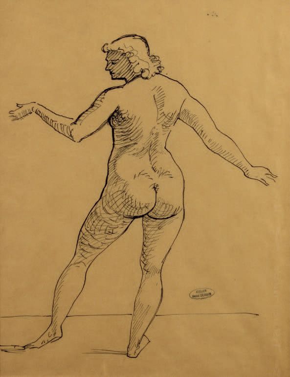 André DERAIN (1880-1954) 雷蒙德背对着左边
水墨画在描图纸上，装在纸上，右下方有工作室的印章。
35 x 27 cm
 （底部有小的撕裂&hellip;