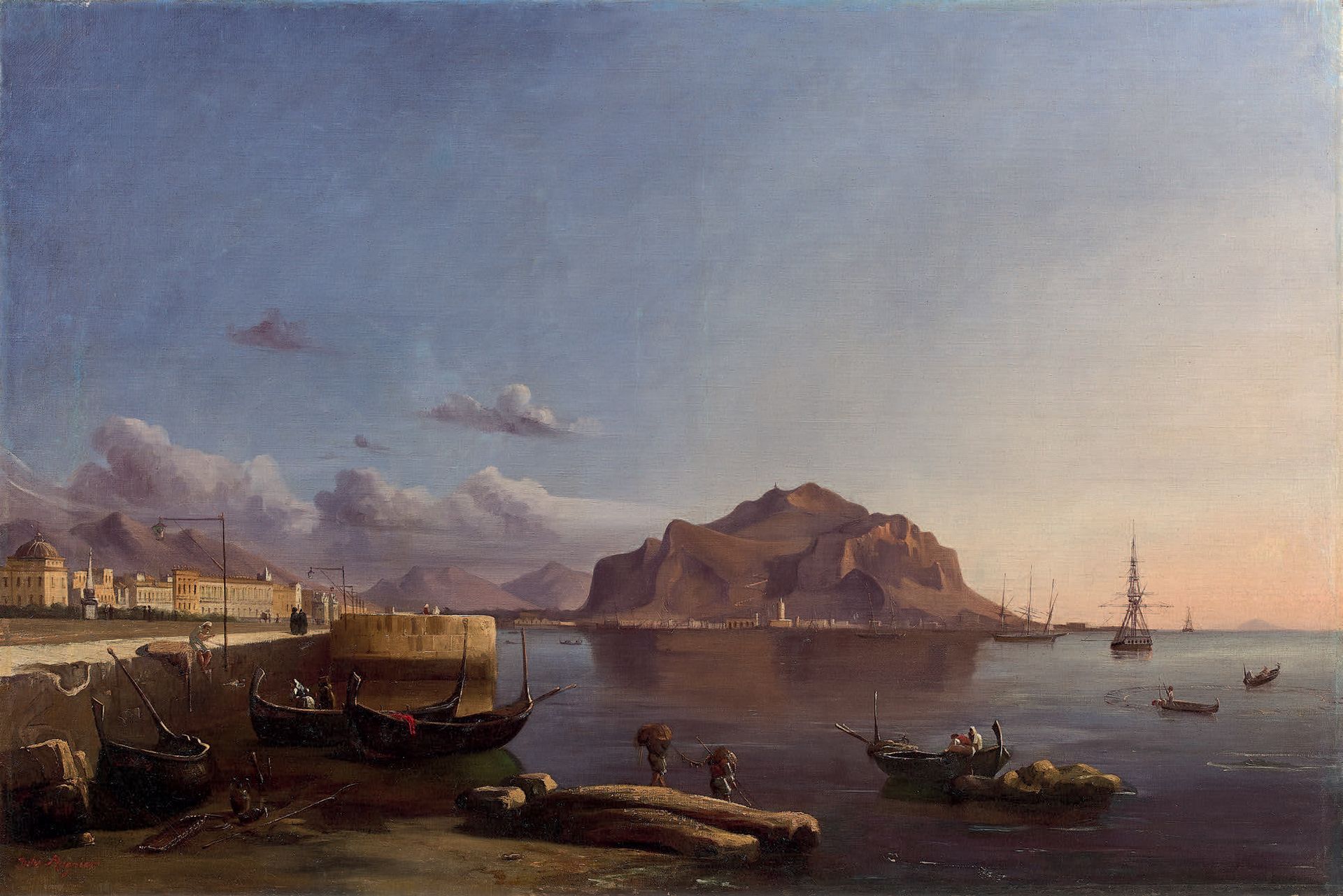 Jules MUGNIER (XIXe) 那不勒斯湾的渔民
布面油画，左下角签名。
79 x 117.5 cm
 （修复）。