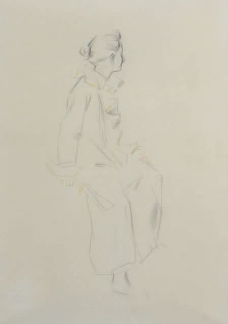 Jean-Louis FORAIN (1852-1931) 坐着的女人面向右边
黑色铅笔画，用颜色加强。
36 x 25.5 cm
