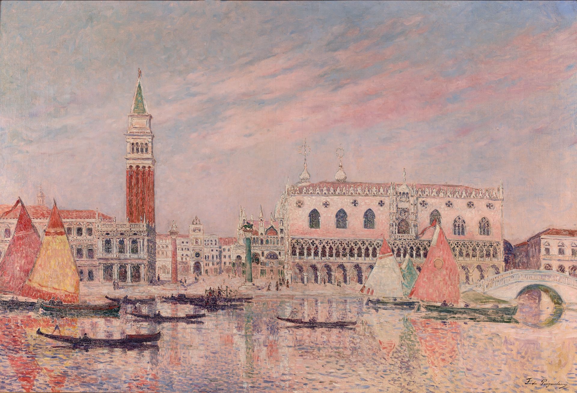 Ferdinand Loyen du PUIGAUDEAU (1864-1930) 威尼斯，总督府前的风帆和贡多拉，1904年
画布上的油画和铅笔，右下方有签名&hellip;