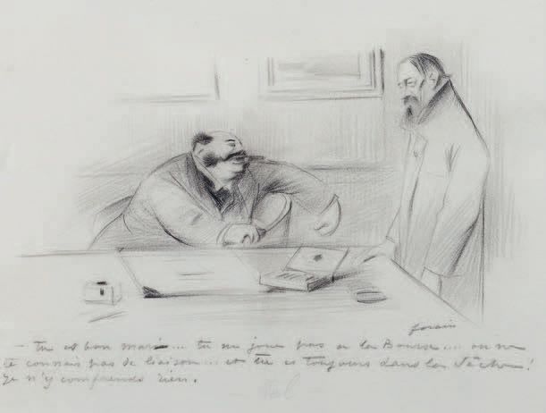 Jean-Louis FORAIN (1852-1931) 你是个好丈夫...
黑色铅笔和树桩画，右下方有签名，底部有标题。
23 x 30 cm