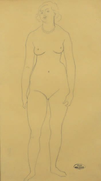 André DERAIN (1880-1954) 戴着项链的Raymonde裸体站立
黑色铅笔画，右下方有工作室的印章。
36 x 20 cm
出处：
- At&hellip;