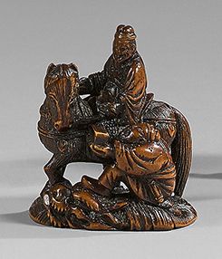 JAPON - Époque EDO (1603-1868) Netsuke de madera de boj, Choryo en su caballo y &hellip;