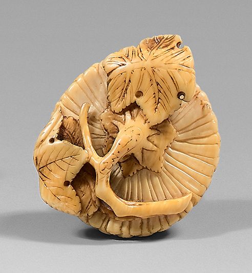 JAPON - Époque Edo (1603-1868), XIXe siècle Netsuke en ivoire, chrysanthème dans&hellip;