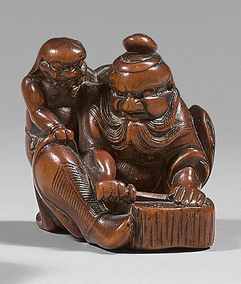 JAPON - Époque Edo (1603-1868), XIXe siècle Netsuke aus Buchsbaumholz, sitzender&hellip;