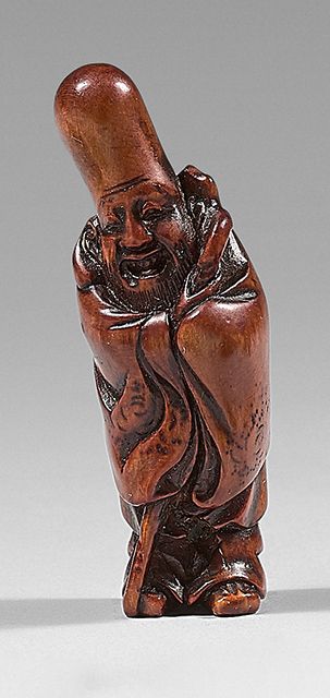 JAPON - Époque Edo (1603-1868), XIXe siècle Netsuke de madera de boj, Fukurokuju&hellip;