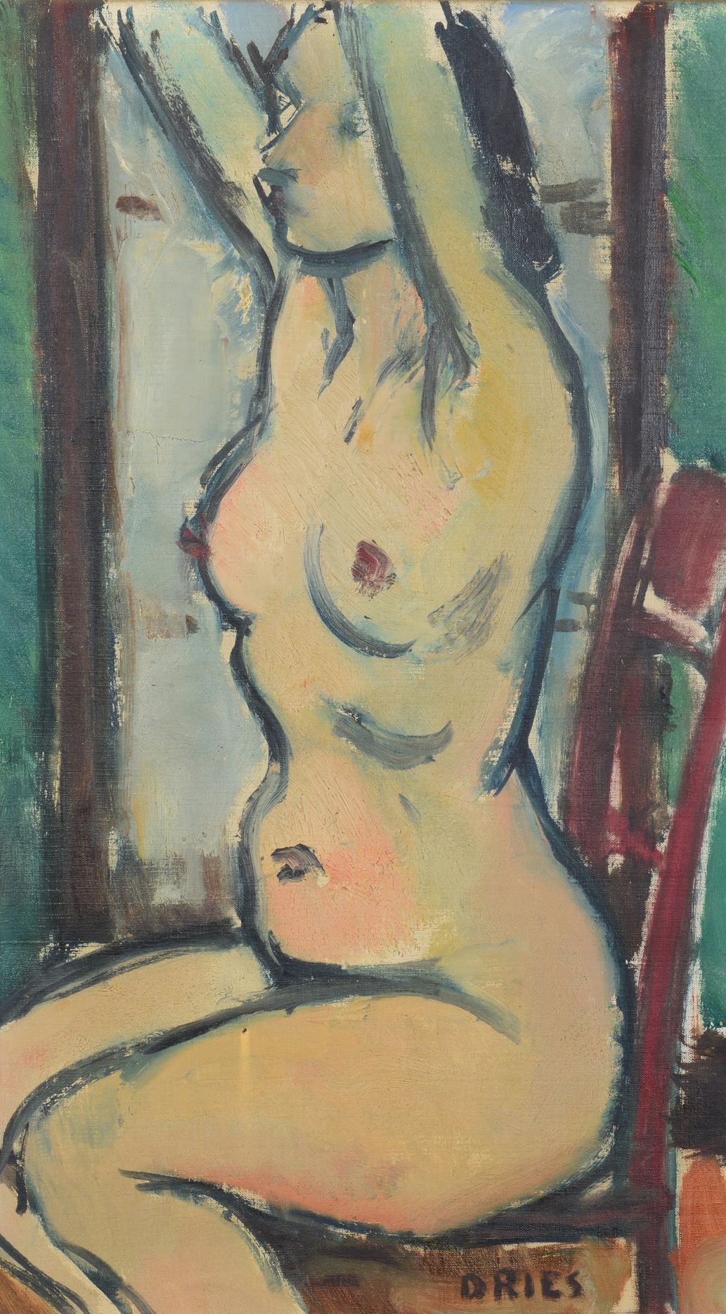 Null Jean DRIESBACH dit DRIES (1905 - 1973) - 举臂坐着的裸体 - 布面油画，右下方有签名 - 41 x 25 cm&hellip;