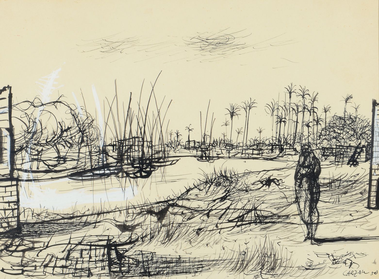 Null Jean CARZOU (1907 - 2000) - 《棕榈树》，1950年 - 印度水墨画，右下方有签名和日期50 - 23 x 31 cm - &hellip;