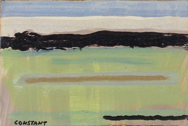Null 克里斯蒂安-康斯坦特（1926 - 2015）-无题-五幅油画，三幅贴在纸板上，一幅贴在面板上，一幅拼贴画，在底部签名，右边两幅，左边三幅。