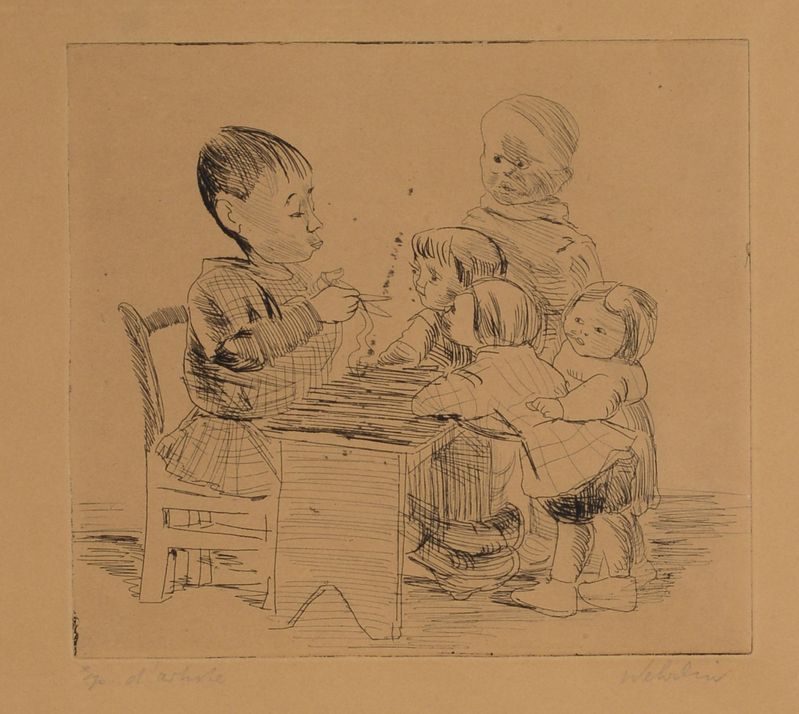 Null Robert WEHRLIN (1903 - 1964) - 画廊内部 儿童游戏。- 两幅蚀刻画，已签名，其中一幅编号为128/130，有缺憾。另一个&hellip;
