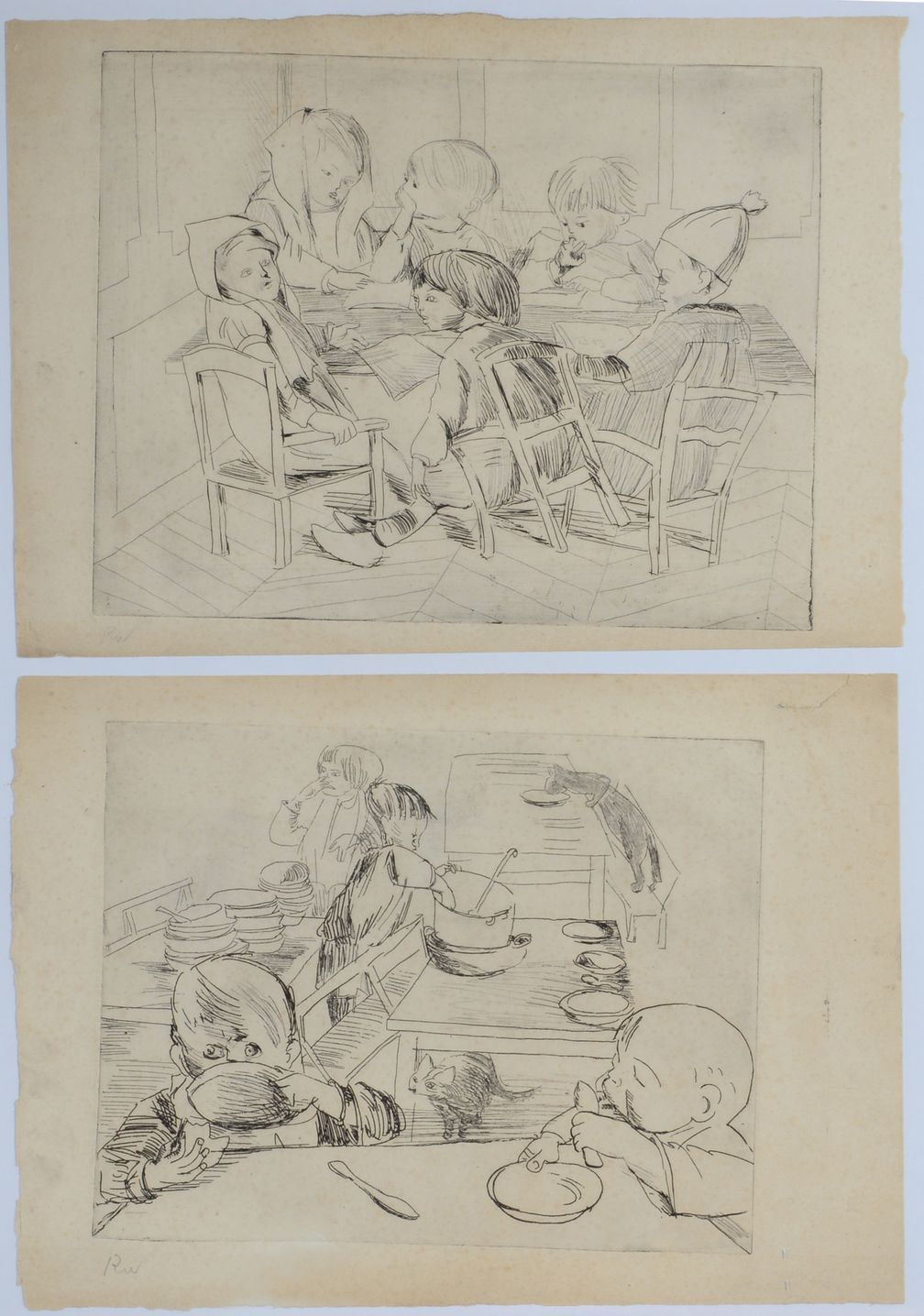 Null Robert WEHRLIN (1903 - 1964) - 两幅儿童场景画。 - 同一画框中的两幅蚀刻画，左下方有艺术家的签名，有轻微雀斑，底部有白&hellip;