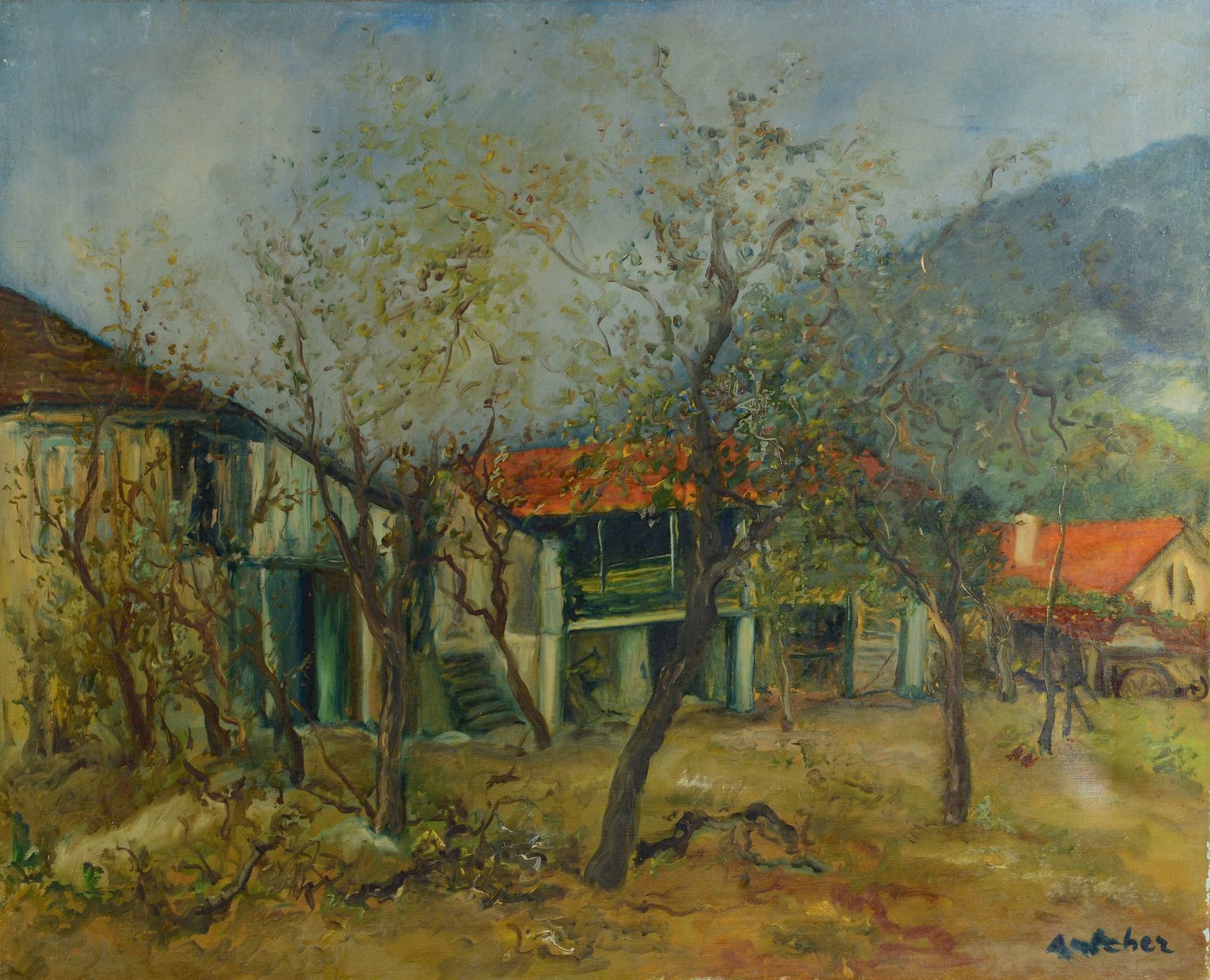Null Isaac ANTCHER (1899 - 1992) - The farm - Oil on canvas, signed lower right &hellip;