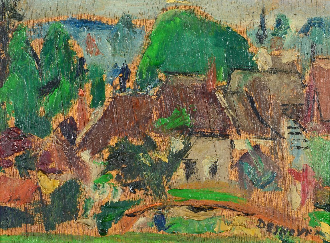 Null François DESNOYER (1894 -1972) - 村庄 - 花束 - 钢琴旁的女人 - 三幅油画，两幅在板上，一幅在板上，右下方有签名&hellip;