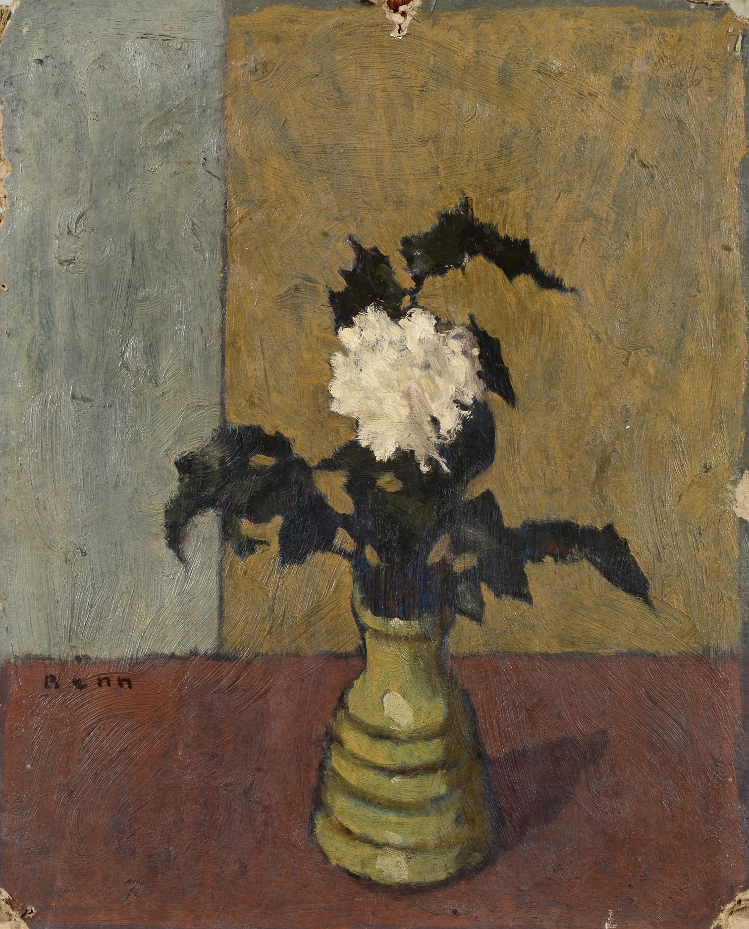 Null Bencjon RABINOWICZ (1905 - 1989) - 白花花瓶 - 纸板油画，左下角签名 - 41 x 33 cm - (意外)