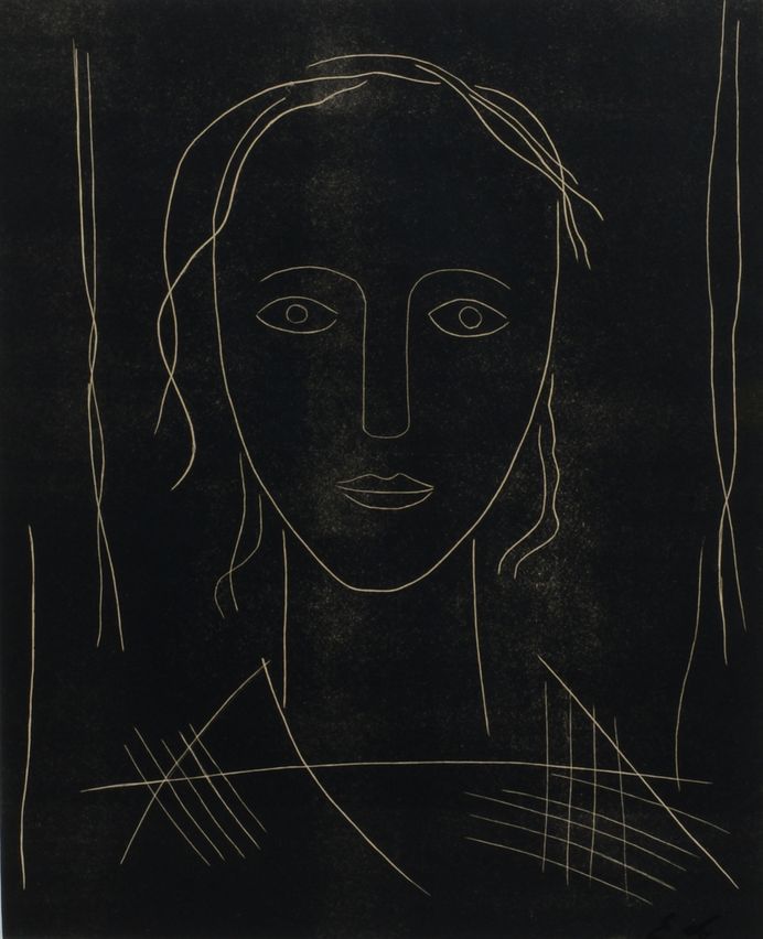 Null Emile LAHNER (1893 1980) 的作品 - 女性面孔 - 黑底白字石版画(或黑纸划痕？)，右下角有字。28,7 x 22,5厘米。框&hellip;