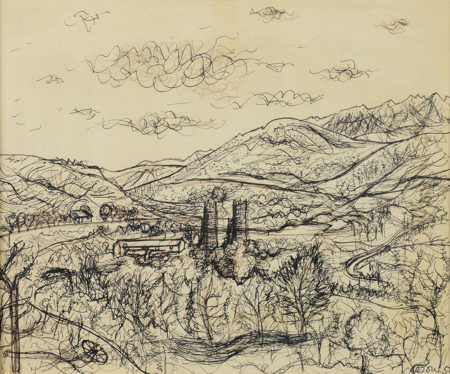 Null Jean CARZOU (1907 - 2000 ) - 普罗旺斯风景，1950年 - 水墨画，右下角有签名和日期50 - 31 x 39 cm