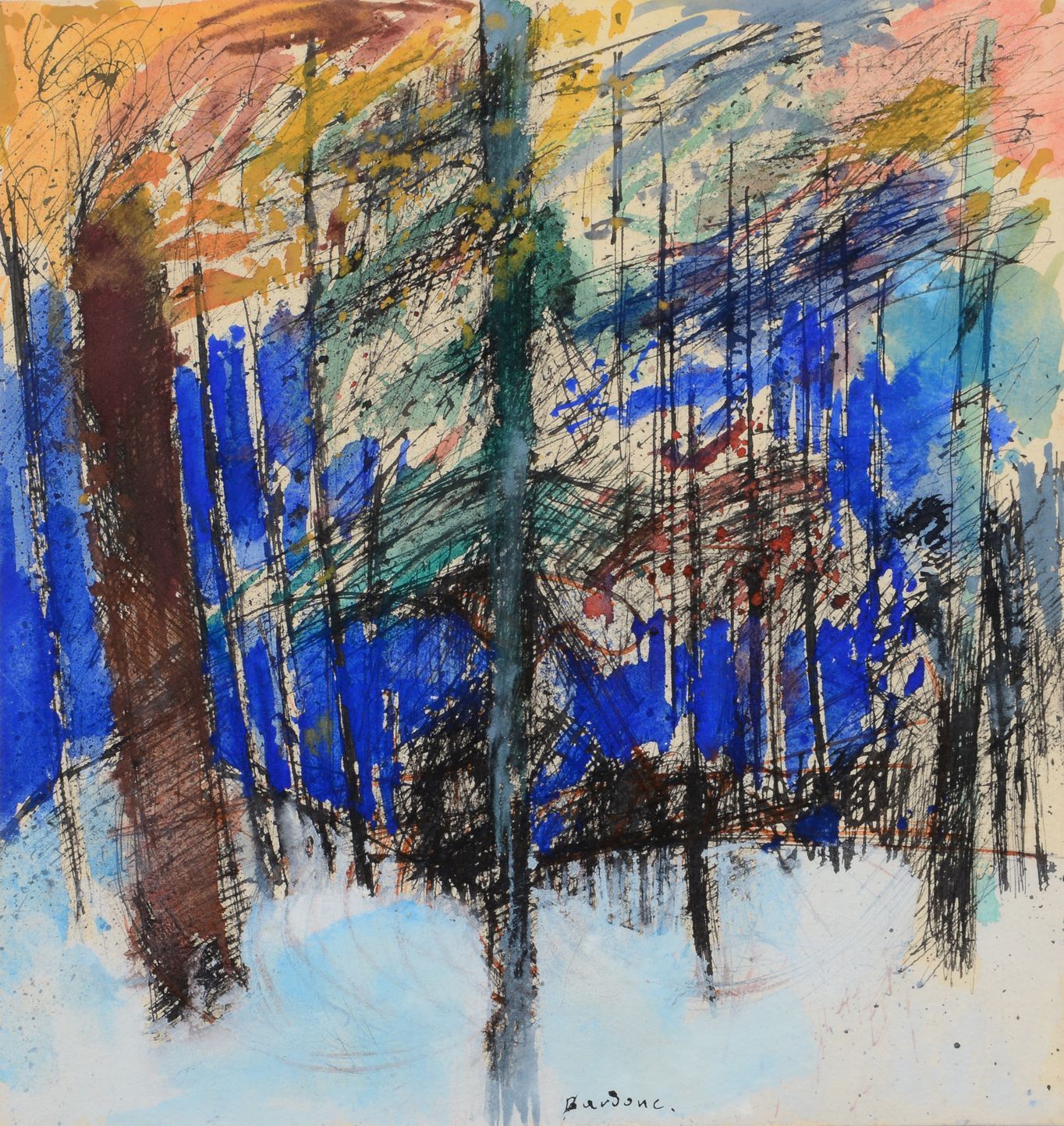 Null Guy BARDONE (1927 - 2015) - 冬天 - 水粉和墨水，中下部签名 - 25,5 x 24 cm