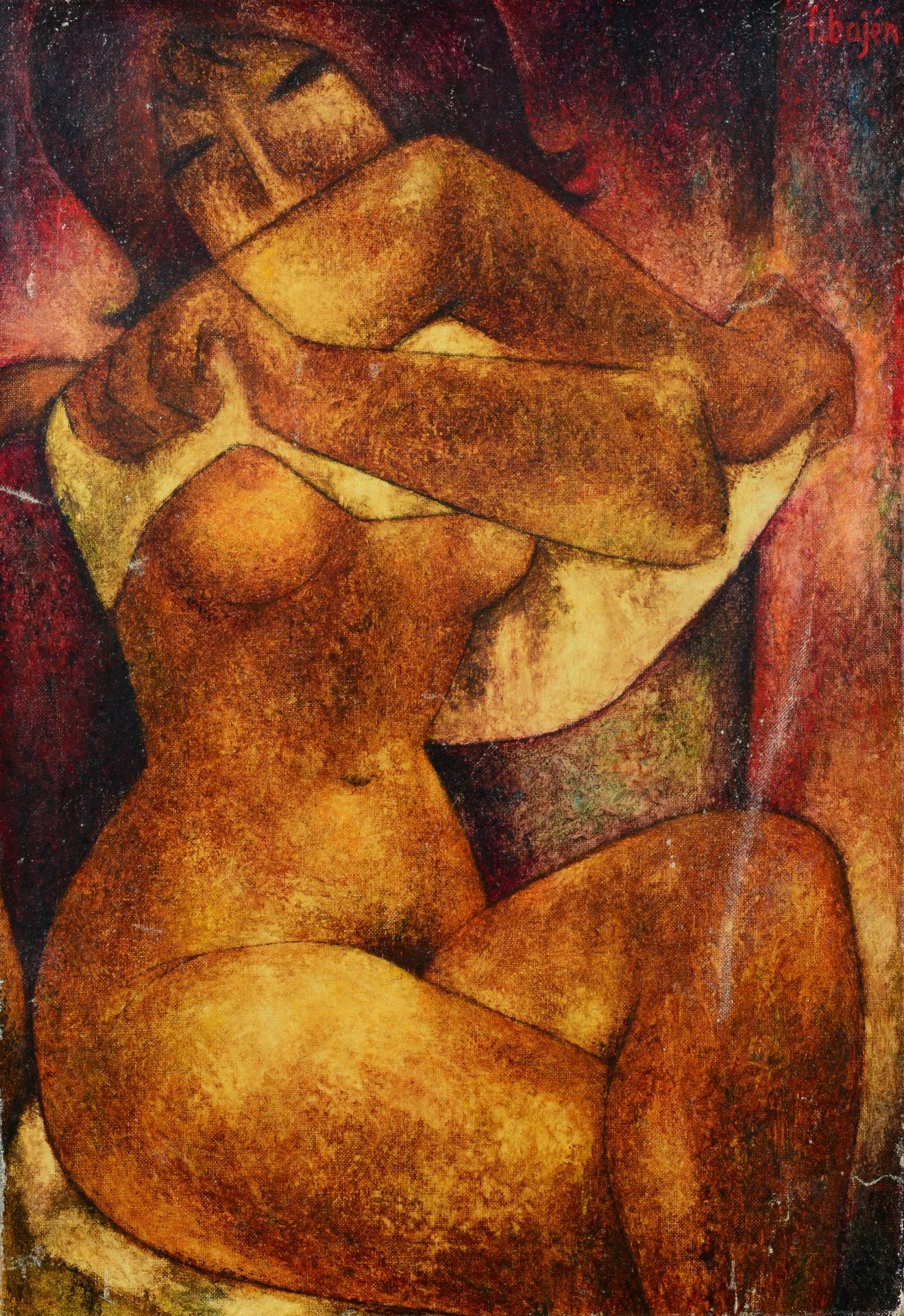 Null 
Francisco BAJEN (1912 -2014) - Nude undressing - Oil on canvas, signed top&hellip;