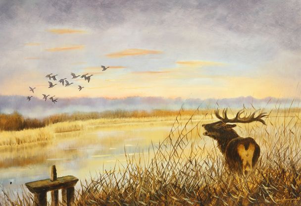Null Jean Claude LESTRINGANT.雄鹿在池塘边发出一声吼叫。布面油画，右下方有签名和日期79。尺寸：38 x 55 cm