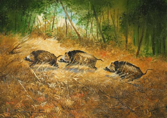 Null Jean Claude LESTRINGANT. Autumnal escape, wild boars in the heather. Oil on&hellip;